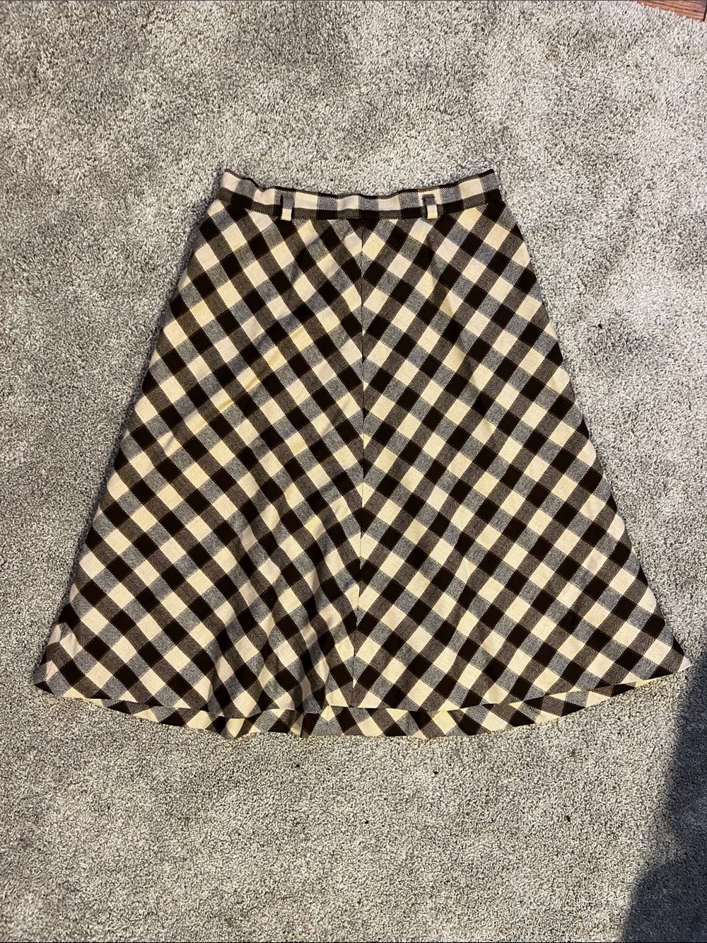 Brown and Cream Check A-Line Vintage Skirt - Women's Flared Plaid